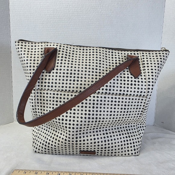 Fossil Fiona Signature Handbag Tote Shoulder Bag Purse Black Cream Polka Dots - Picture 1 of 16